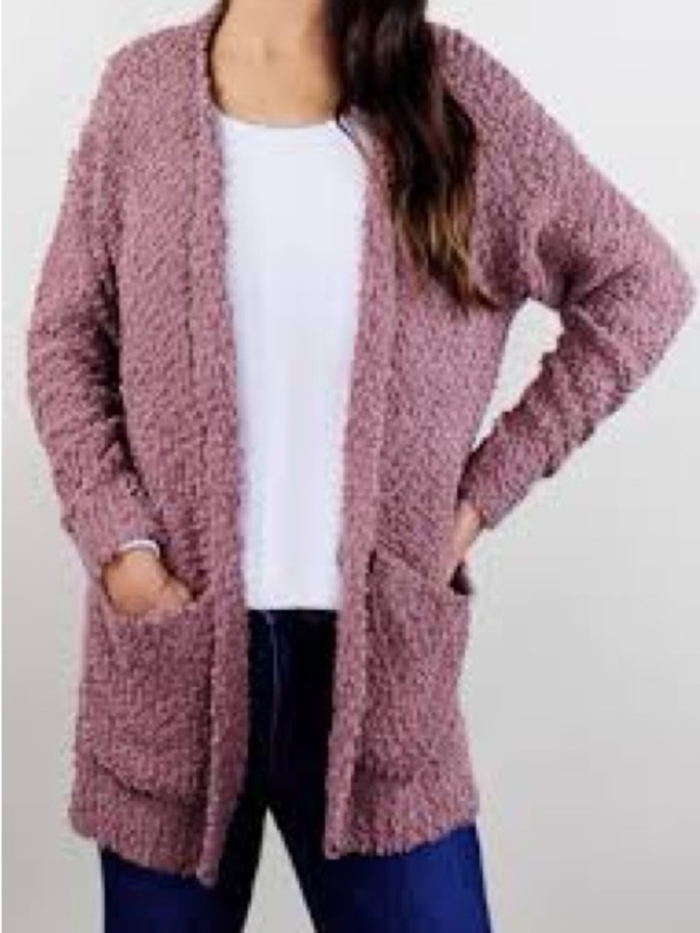 Open-Front Bouclé Cardigan Sweater in Mauve Pink